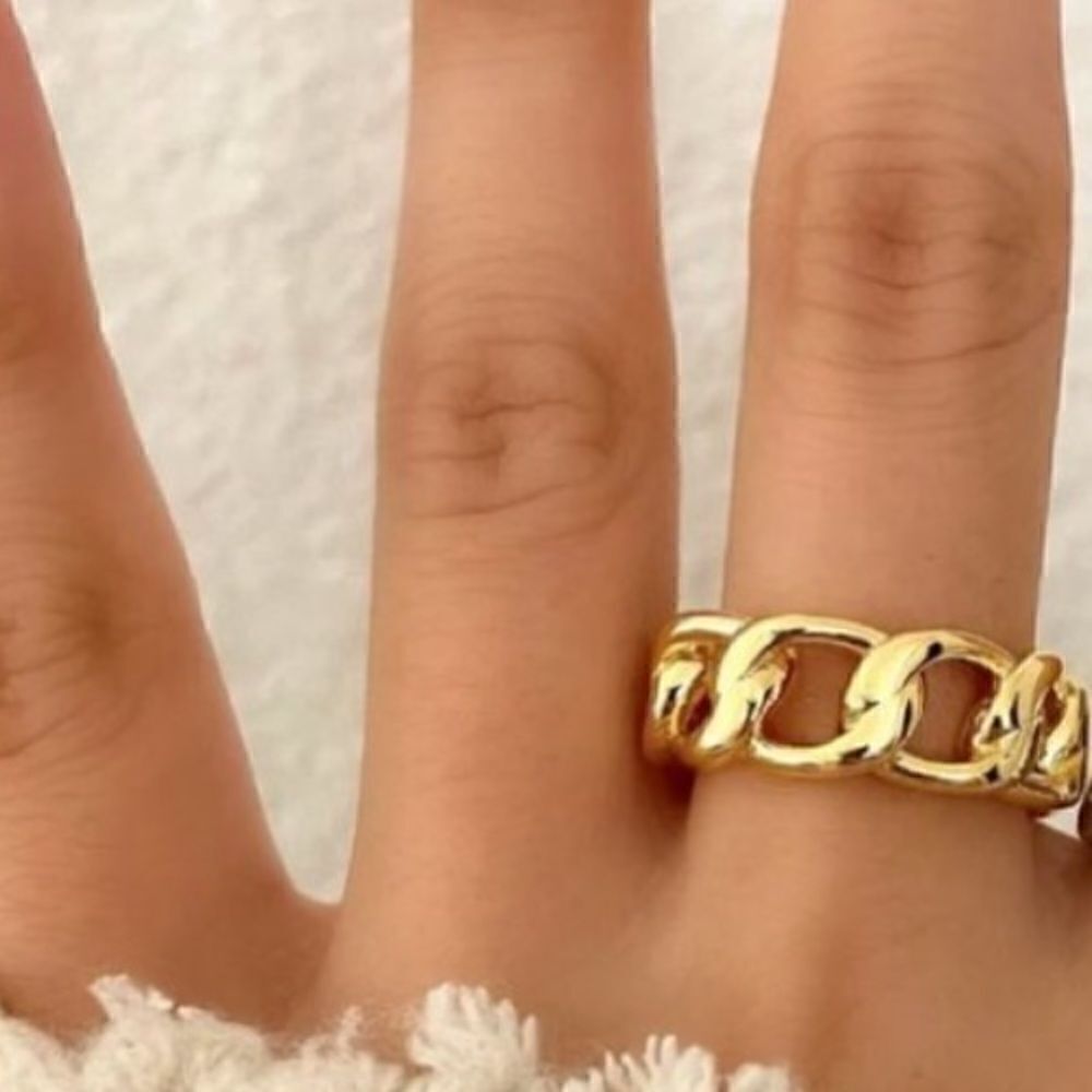 925 Sterling Silver Cuban Link Adjustable Chain Ring Gold Plated Chunky